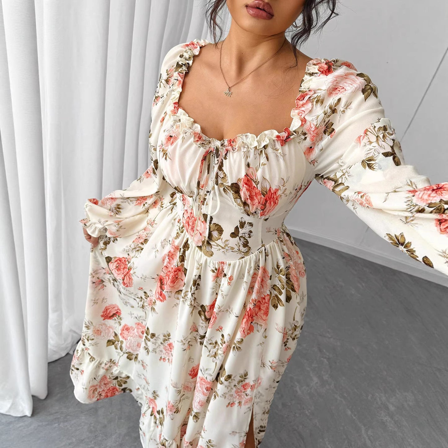 Dark Academia Floral Dress: Square Neck, Bubble Sleeves, High Slit | Vintage Elegance