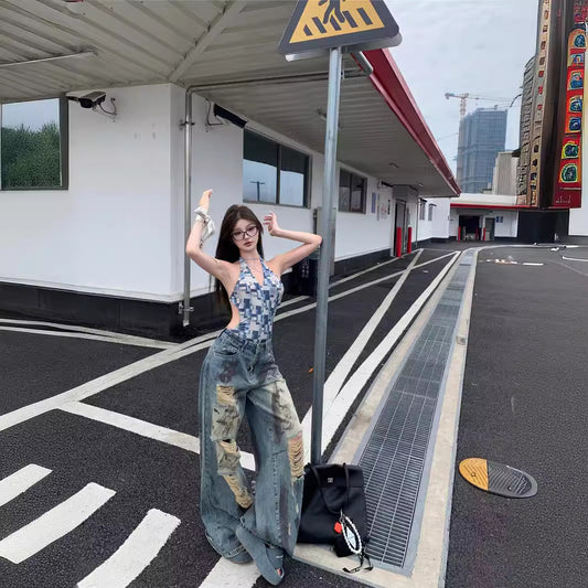 Retro Tie-dye Wasteland Wind Ripped Wide-leg Jeans Women's Summer Design Sense High Waist Thin Straight Mopping Pants
