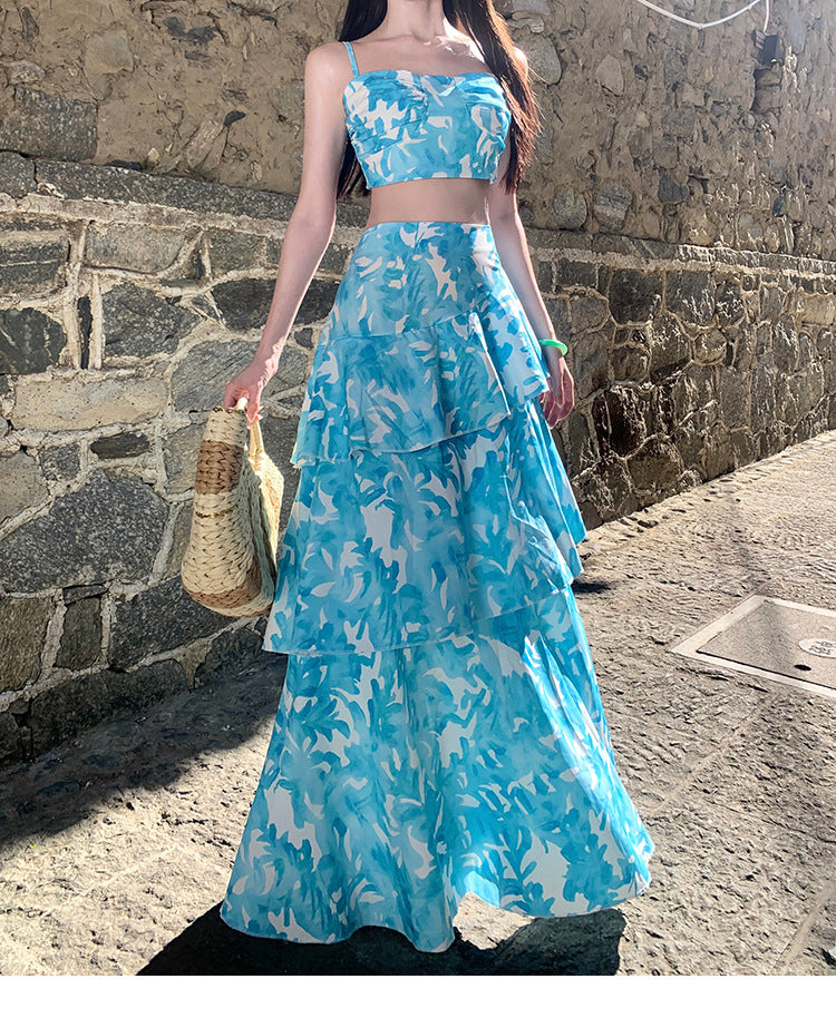 Sexy Y2K Summer Co-ord Set: Printed Crop Top & High-Slit Skirt Two-Piece Outfit