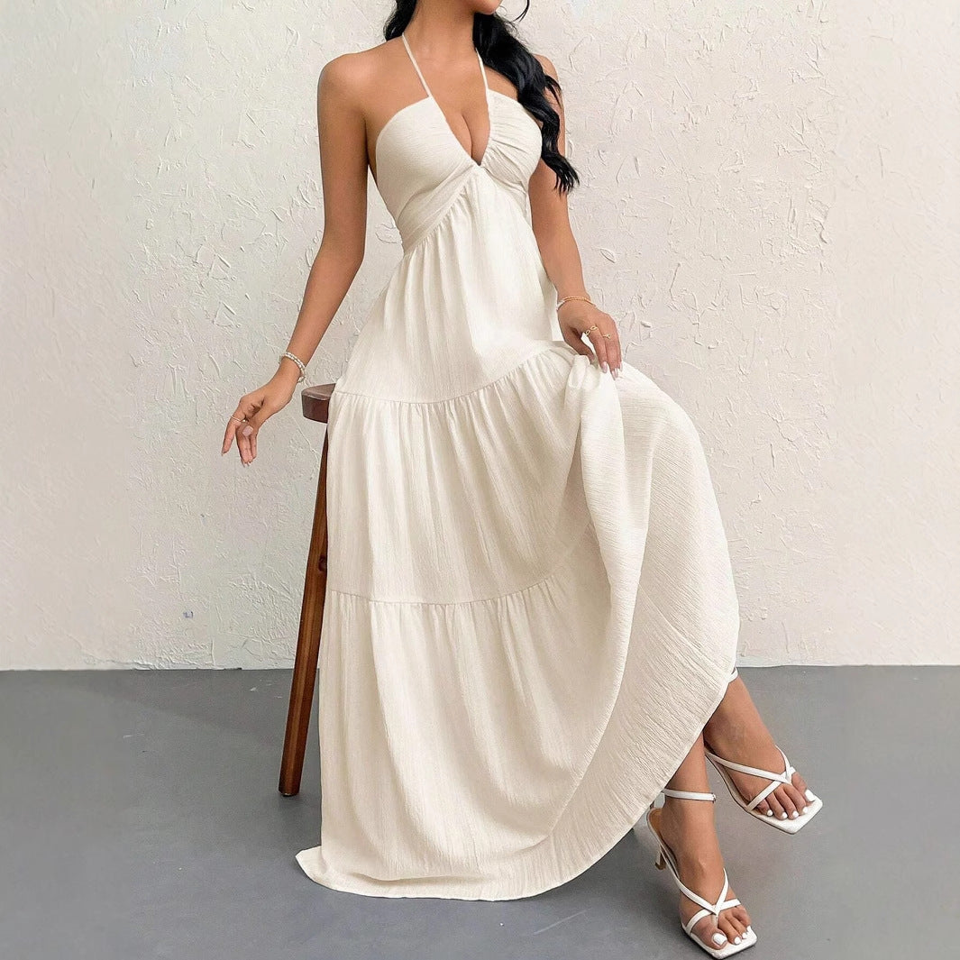 Coquette Beach Dress | Halter V-Neck White Pleated A-Line | Romantic Vacation Dress