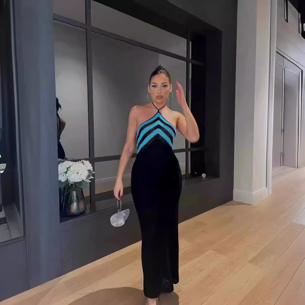 New Women's Clothing Fashionable and Sexy Suspender Backless Striped Color Matching Slim-fitting Hip-wrapped Dress
