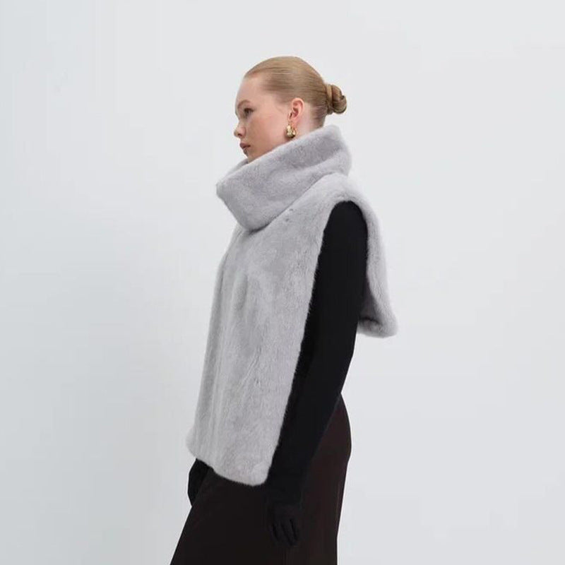 Slim Faux Fur Vest Mock Neck Quilted Sleeveless Top Solid Color Winter