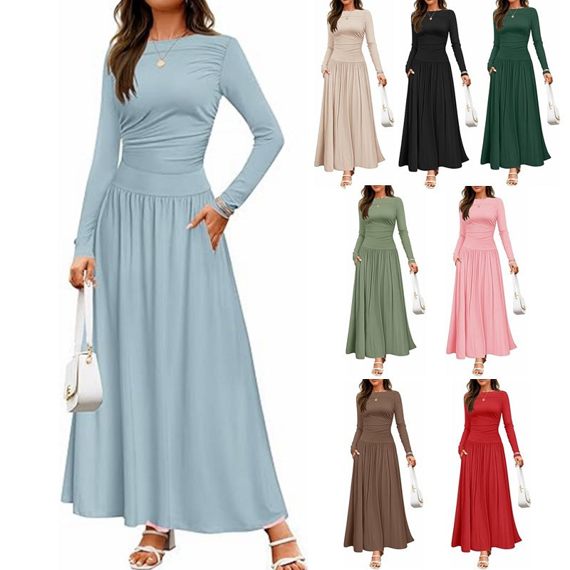 Sculptural Rib Knit Dress | Crew Neck & Pleat Pockets | Coffee Date Loungewear