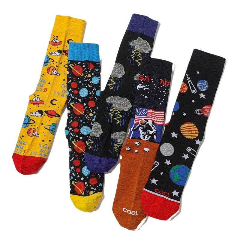 Men's Cartoon Personality Men's Socks Starry Sky Animation Design Cotton Tube Art Actress Sock-5PRS