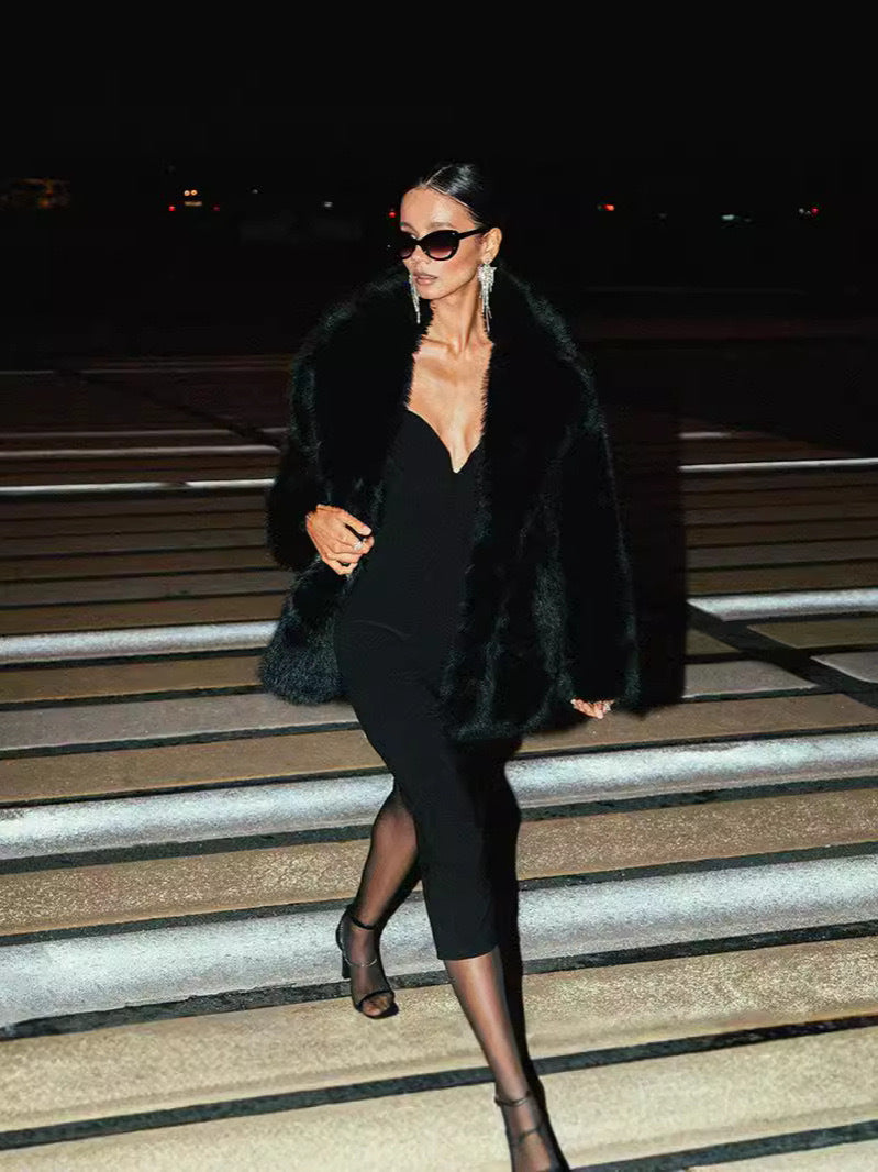 Teddy Luxe Faux Fur Coat Notch Lapel Long Sleeve Winter Warm Women’s
