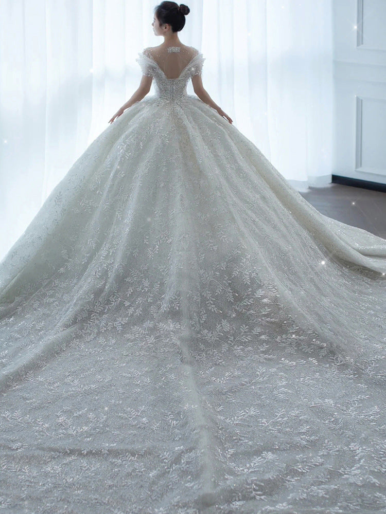 Empire Waist Maternity Wedding Gown | Bump-Friendly Princess Cut & Royal Train | Regal French Alençon Lace Dress