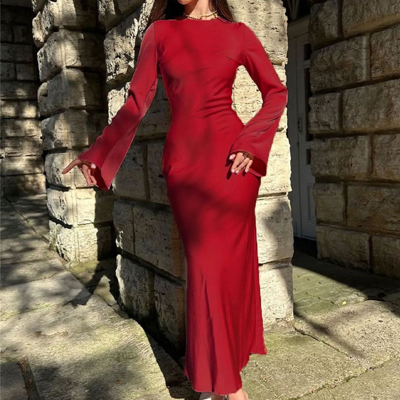 Élégant French Dress: Solid Color, Long Sleeve Bodycon Midi Skirt - Timeless Fall Transition