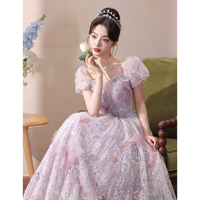 Lilac Tulle Evening Gown - Fairy Princess Dress with Puff Sleeves for Banquet & Stage Events