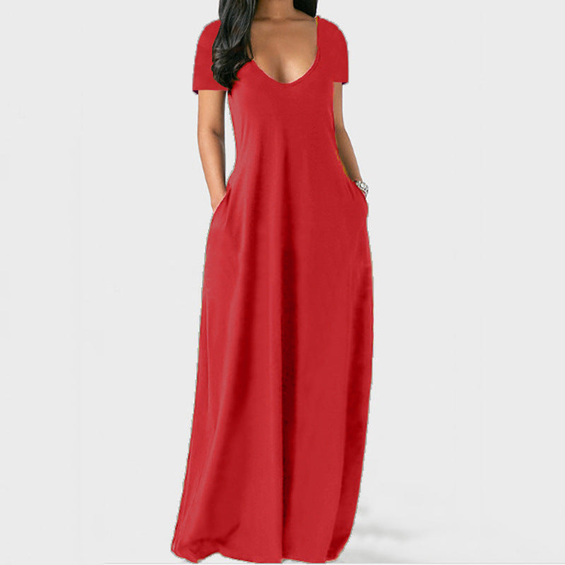 Summer Trending Plus Size Solid Color Maxi Dress - Sexy Deep V-Neck Short Sleeve