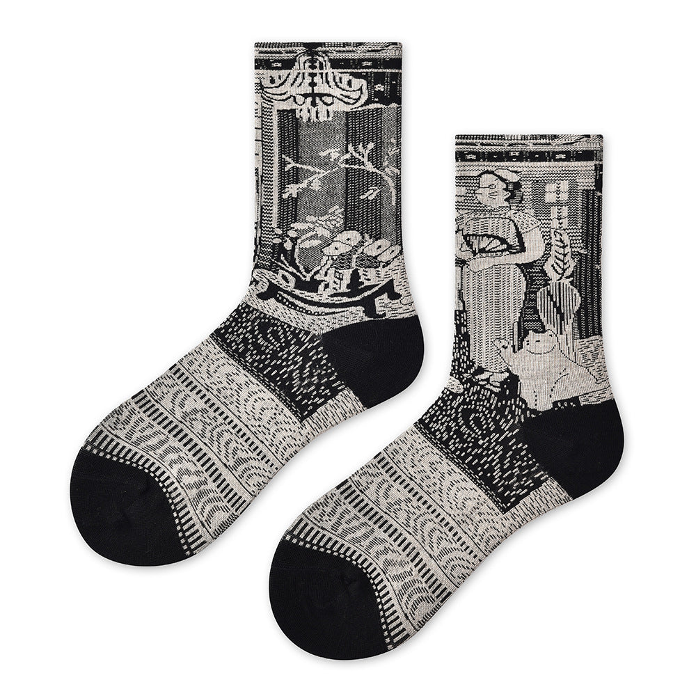 Spring and summer new art students, designer art tube socks children's trendy socks versatile black and white color scheme women