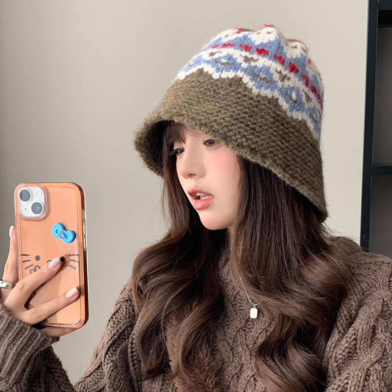 Retro Wool Hat Autumn and Winter Women's Warm Ear Protection Versatile Face Small Color Matching Warm Knitted Bucket Hat