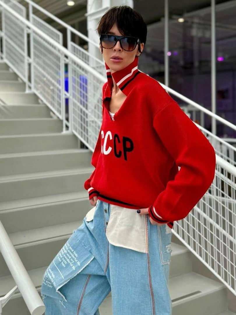 Letter Jacquard V-neck Women's Winter Casual Loose Lazy Wind Versatile Pullover Knitted Sweater