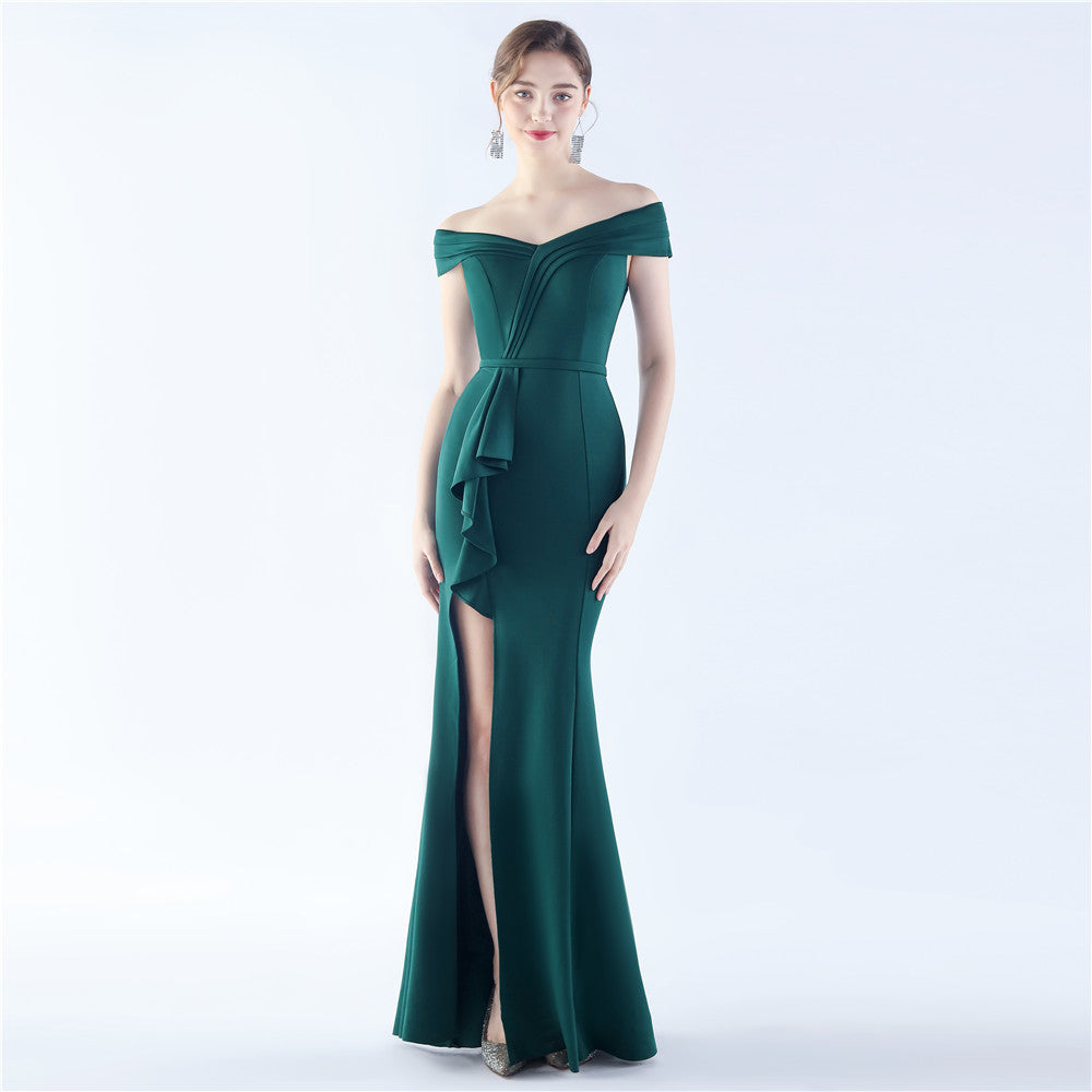 Satin One-Shoulder Evening Gown: Luxe Slit Formal Dress Wedding Guest Party Maxi