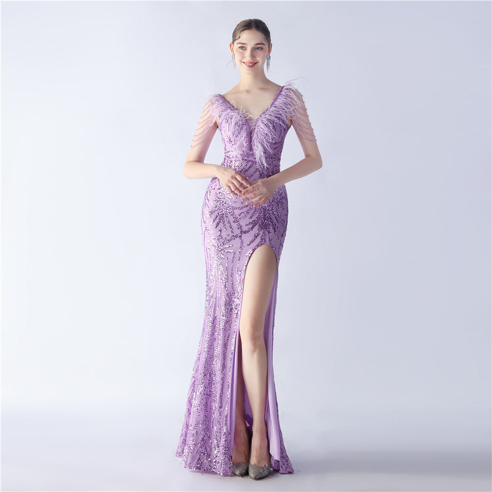 Luxe Feather & Sequin Maxi Gown | Heavy Beadwork
