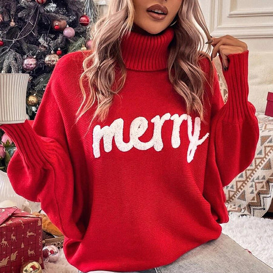Christmas Turtleneck Sweater Women's Clothing Amazon Autumn and Winter Loose Bat Sleeves Outer Wear Knitted Top Women