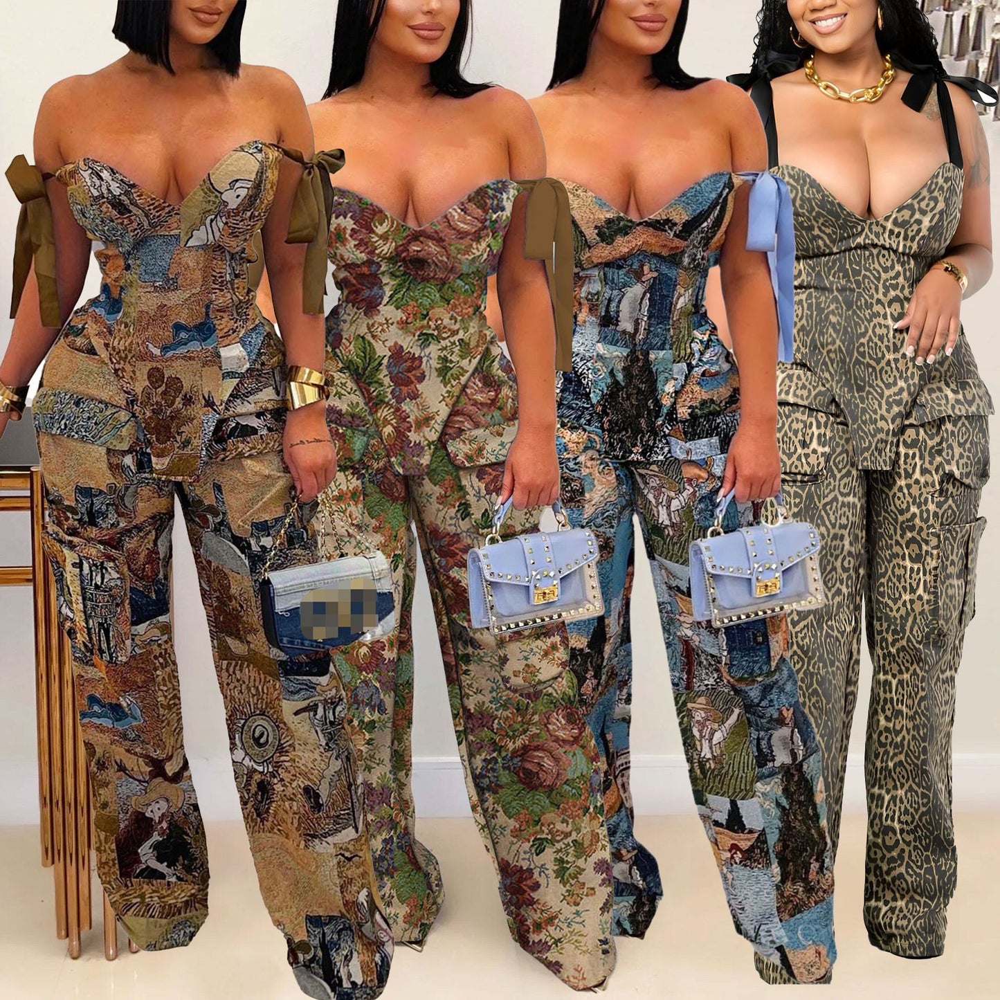 Stylish Oil-Print Cargo Pants - Drawstring Waist, Multi-Pocket Utility Set | Trendy Artistic Design