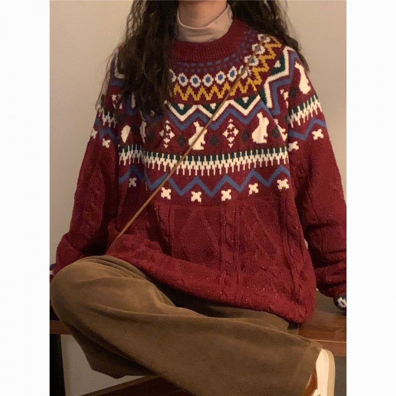New Year's Red Sweater for Women's Autumn and Winter New Lazy Wind Niche Knitted Sweater for Women