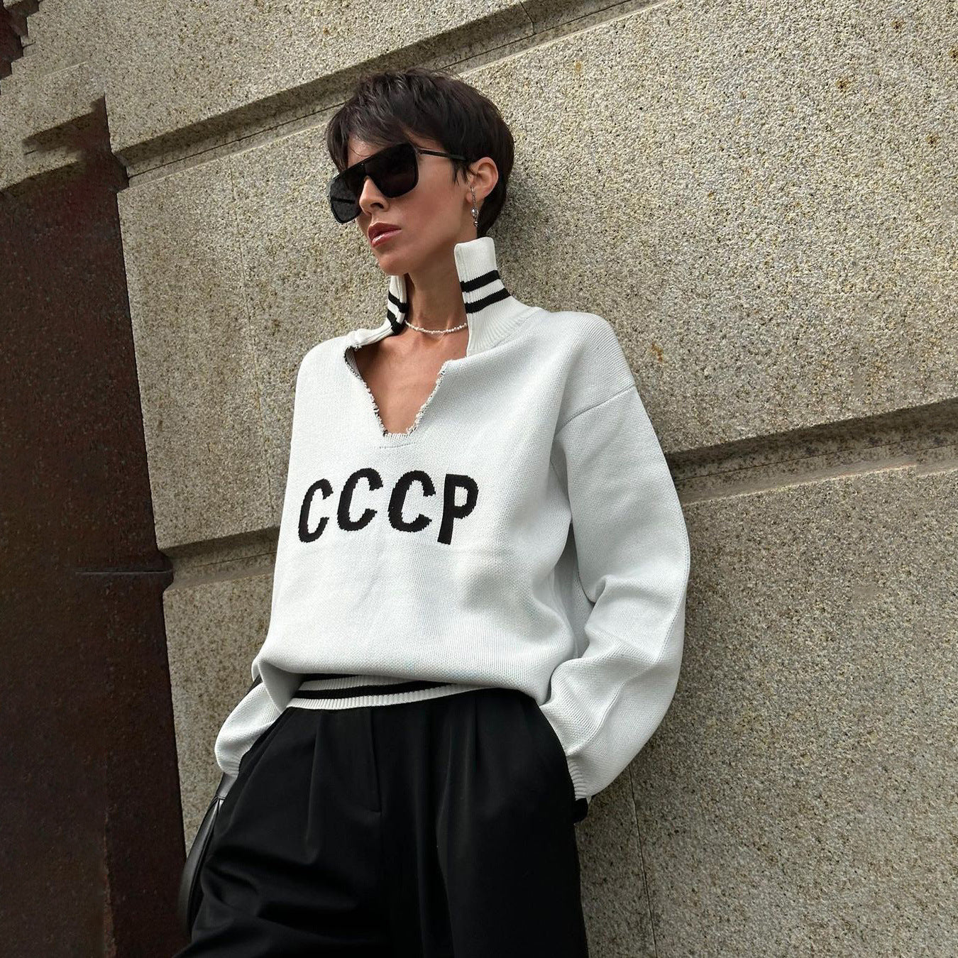 Letter Jacquard V-neck Women's Winter Casual Loose Lazy Wind Versatile Pullover Knitted Sweater
