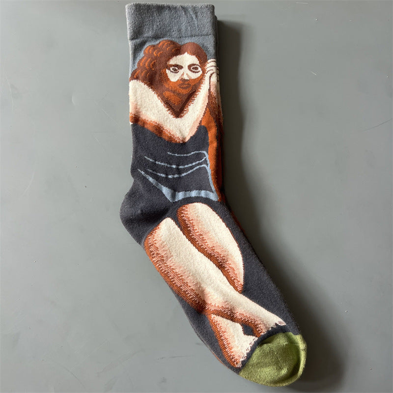 New Product Mid Calf Socks Women Oil Painting Socks Niche Fun Literary and Artistic Color Socks