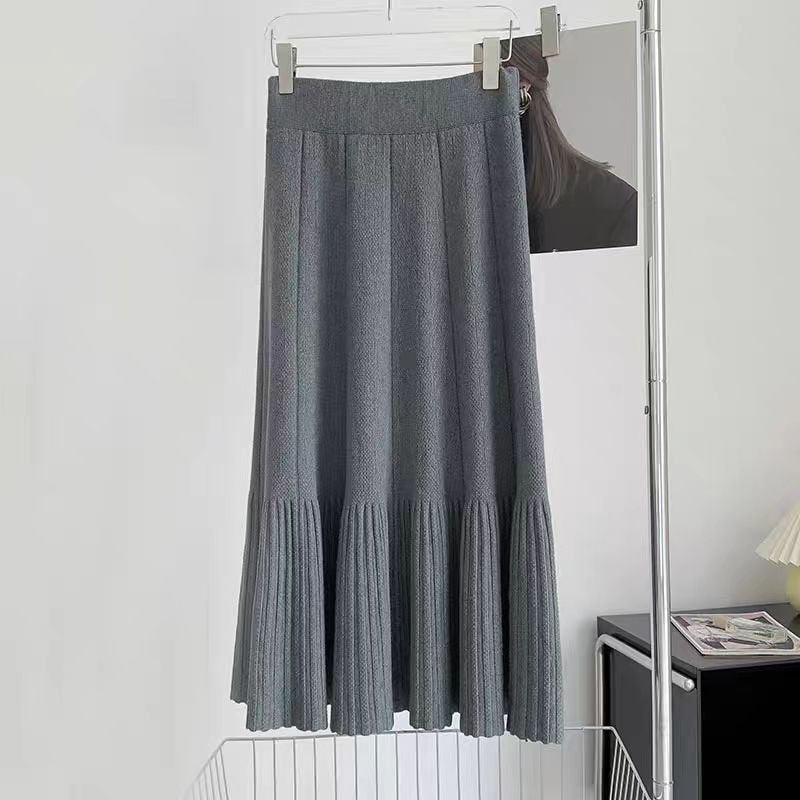 Pleated Knitted Skirt Women's Autumn and Winter New Fashion High Waist Korean Version Casual and Thin Big Swing Skirt A-shaped Skirt Umbrella Skirt
