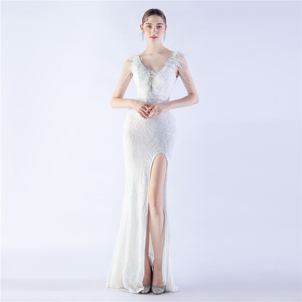 Luxe Feather & Sequin Maxi Gown | Heavy Beadwork