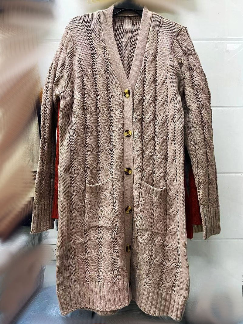 Autumn and Winter New Single-breasted Twist Pocket Solid Color Knitted Long Sweater Cardigan Jacket