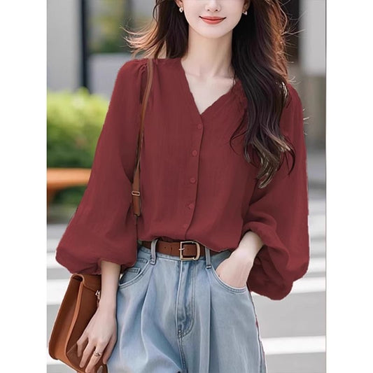 Puff Sleeve V-Neck Tunic: Women’s Cotton-Linen Blend Breathable Top for Fall Casual & Work - Minimalist Elegance