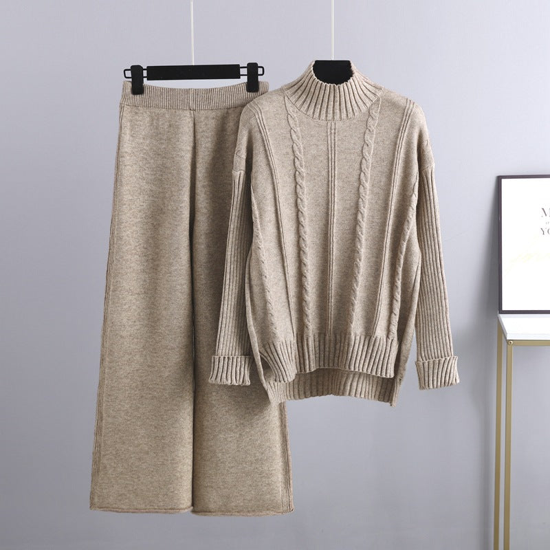 High-end Semi-turtleneck Sweater Wide-leg Pants Set Women's Autumn and Winter New Fashion Age-reducing Knitted Two-piece Set