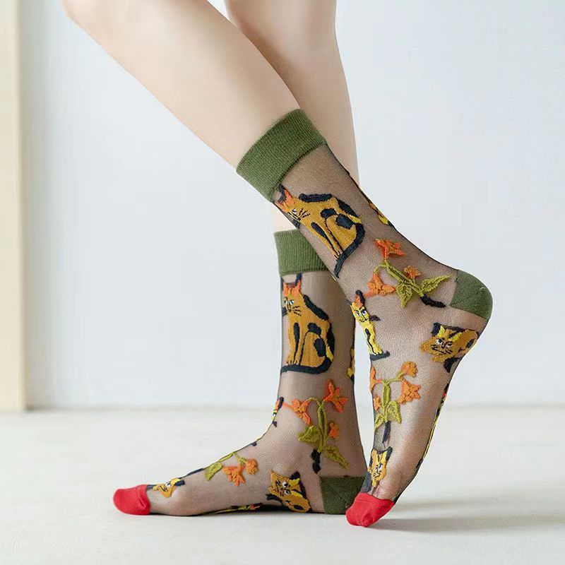 Spring and Summer Women's Socks, Thin Medium Tube Fashion Trendy Socks, European and American Style Flower Glass Stockings