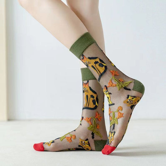 Spring and Summer Women's Socks, Thin Medium Tube Fashion Trendy Socks, European and American Style Flower Glass Stockings
