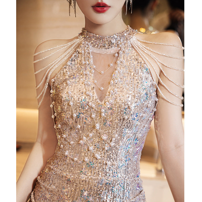 Gala Evening Dress with Champagne Fringe & Sequin Fishtail