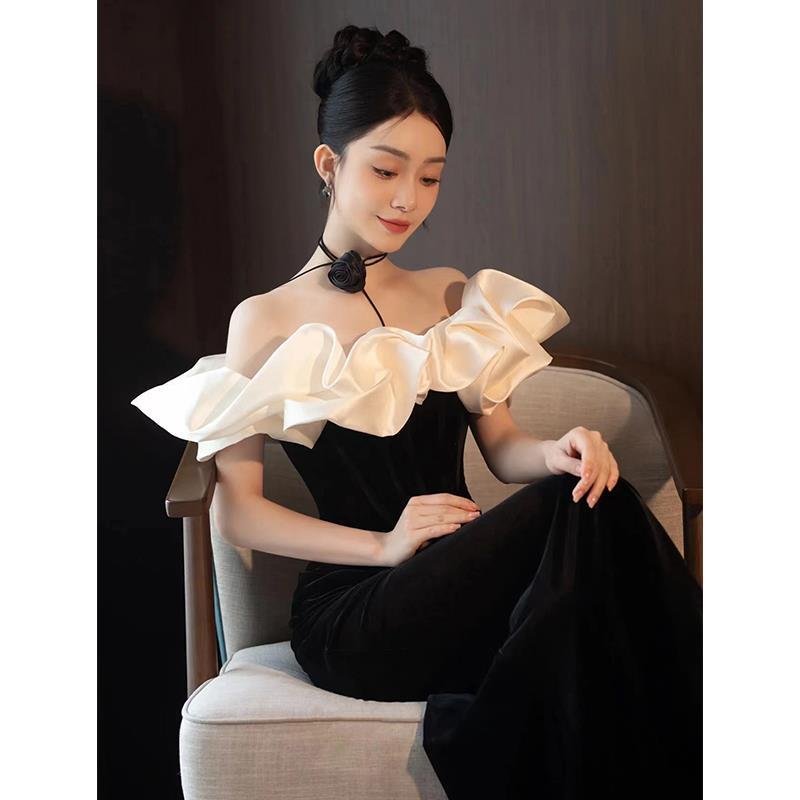 Evening Dress Women's Black One-word Shoulder Temperament High-end Fishtail Senior Sense Adult Ceremony Banquet Dress Light Luxury Niche