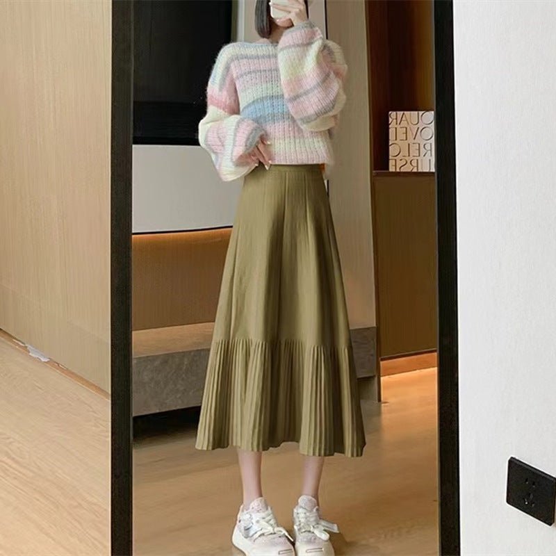 Pleated Knitted Skirt Women's Autumn and Winter New Fashion High Waist Korean Version Casual and Thin Big Swing Skirt A-shaped Skirt Umbrella Skirt