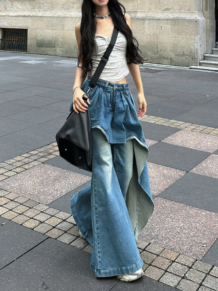 Slightly Fat Spice Girl Design Sense Irregular Splicing Jeans Autumn and Winter New Fake Two-piece Thin Flared Pants