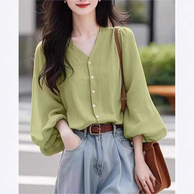 Puff Sleeve V-Neck Tunic: Women’s Cotton-Linen Blend Breathable Top for Fall Casual & Work - Minimalist Elegance