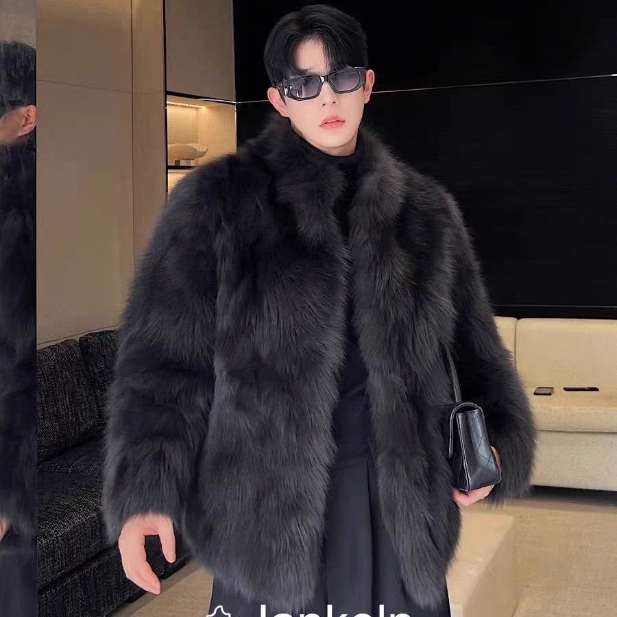 Luxury Faux Fur Coat Men - Thickened Mink & Fox Trim Jacket | Premium Winter Outerwear Black