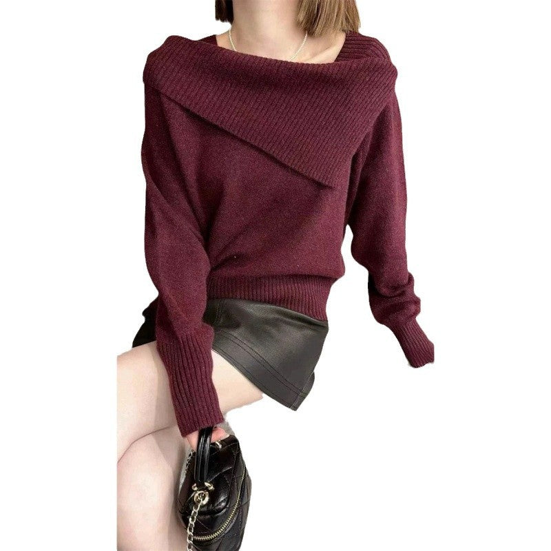 Irregular One-word Shoulder Knitted Bottoming Shirt for Women's Autumn and Winter Inner Sweater Long-sleeved Top for Women