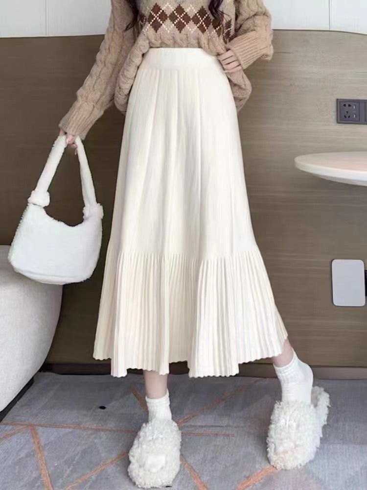 Pleated Knitted Skirt Women's Autumn and Winter New Fashion High Waist Korean Version Casual and Thin Big Swing Skirt A-shaped Skirt Umbrella Skirt