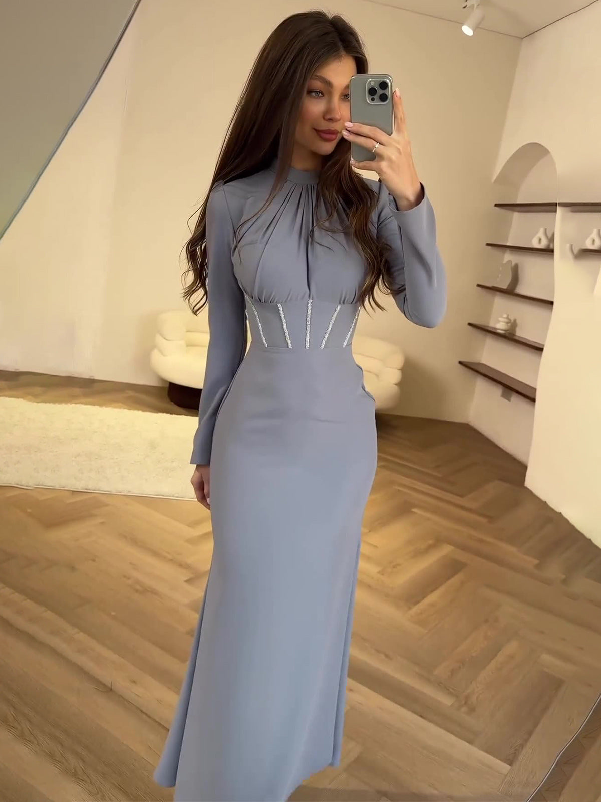 Runway Halter Evening Dress - Red Carpet Asymmetric Hem Long Sleeve Gown
