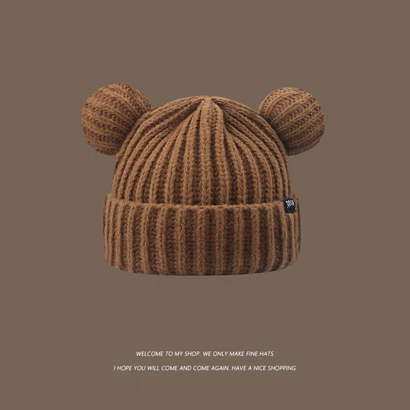 Cute bear wool hat female winter 2024 popular plush warm fluffy autumn and winter big head circumference knitted hat