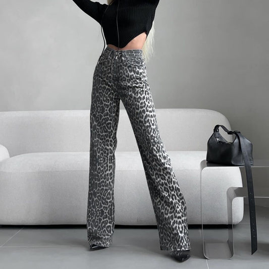 Women's Wide-leg Leopard Print Jeans Spring Summer Slim Straight Trousers Spice Girl Fashion Versatile Design