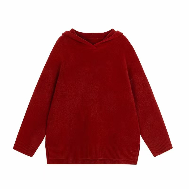 Hooded Hem Split Soft Waxy Knitted Sweater New Medium and Long Loose Pullover Red Sweater