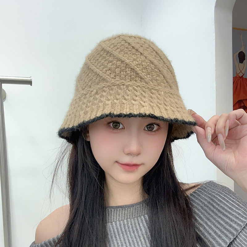 Retro Wool Hat Autumn and Winter Women's Warm Ear Protection Versatile Face Small Color Matching Warm Knitted Bucket Hat