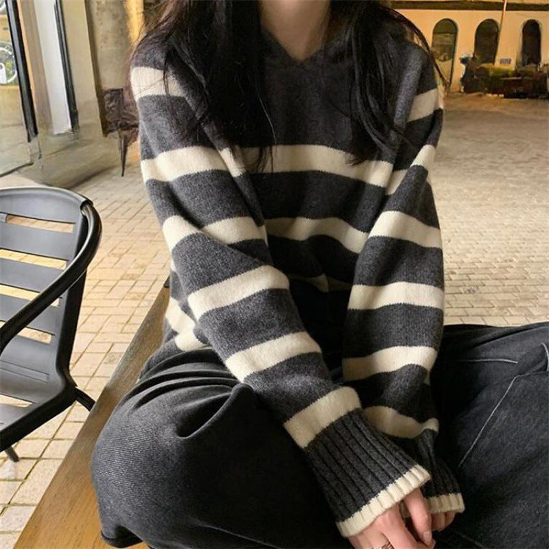 Retro Striped Hooded Sweater Women's Autumn and Winter Lazy Wind Long-sleeved Contrasting Color Knitted Sweater