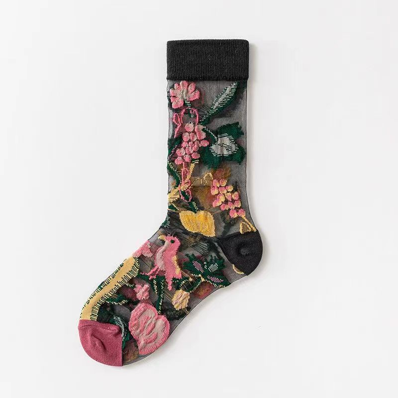 Spring and Summer Women's Socks, Thin Medium Tube Fashion Trendy Socks, European and American Style Flower Glass Stockings