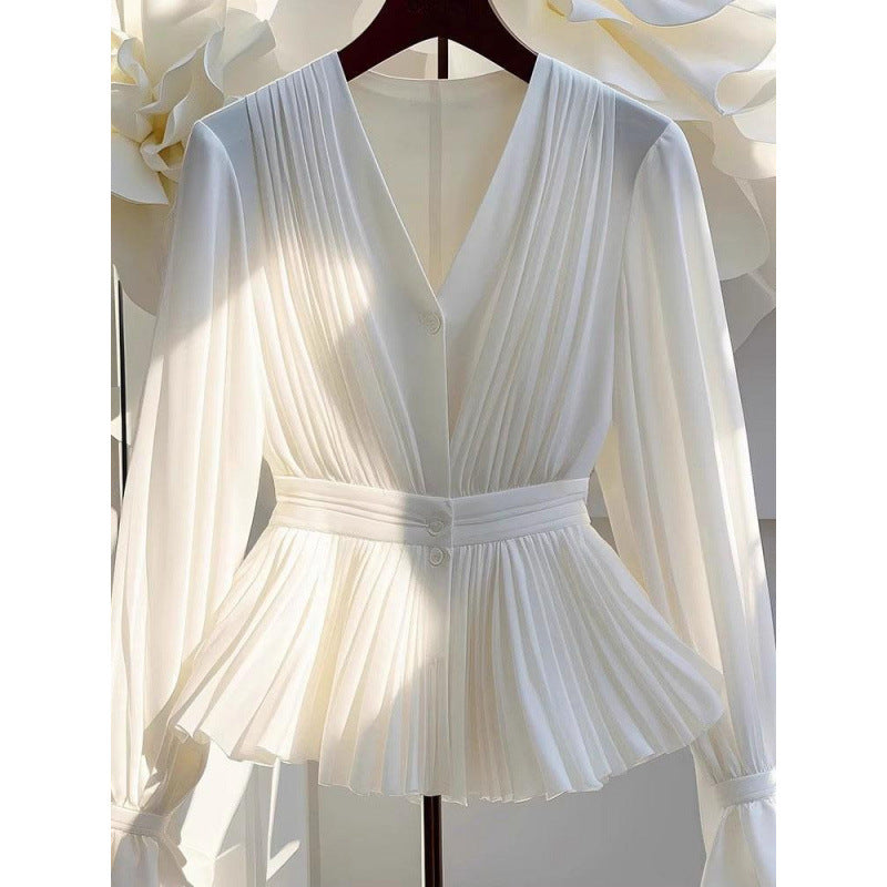 Early autumn new temperament V-neck long-sleeved top light mature French niche unique beautiful shirt light luxury white shirt
