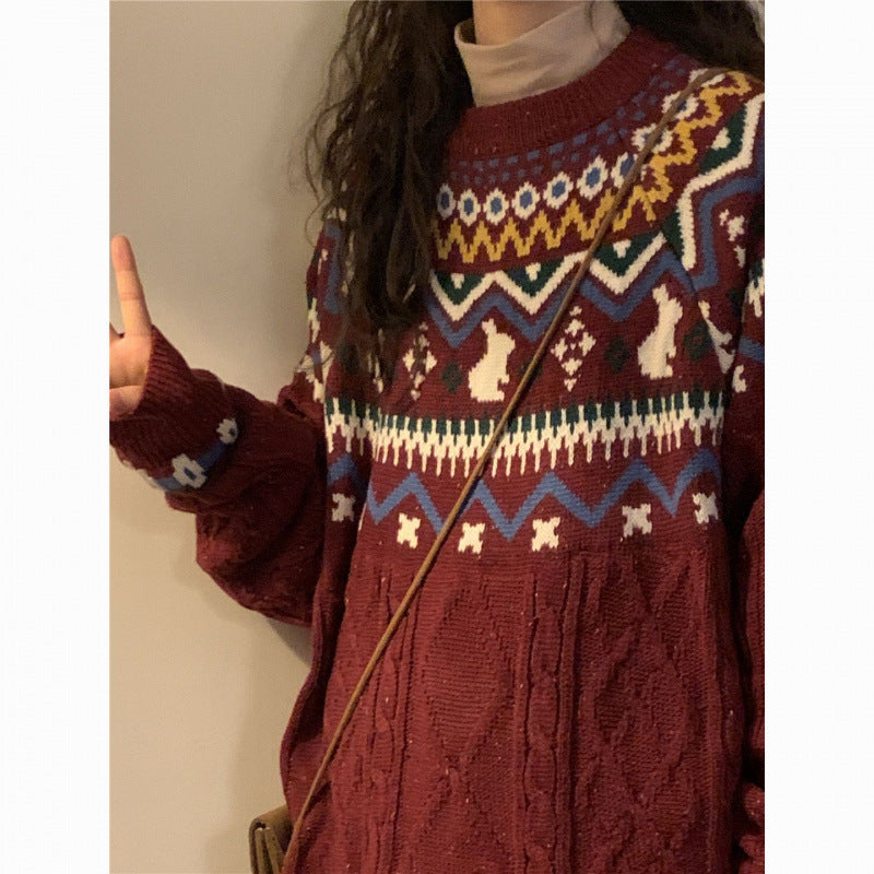 New Year's Red Sweater for Women's Autumn and Winter New Lazy Wind Niche Knitted Sweater for Women