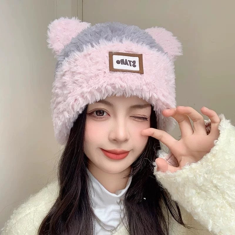 Cute bear wool hat female winter 2024 popular plush warm fluffy autumn and winter big head circumference knitted hat