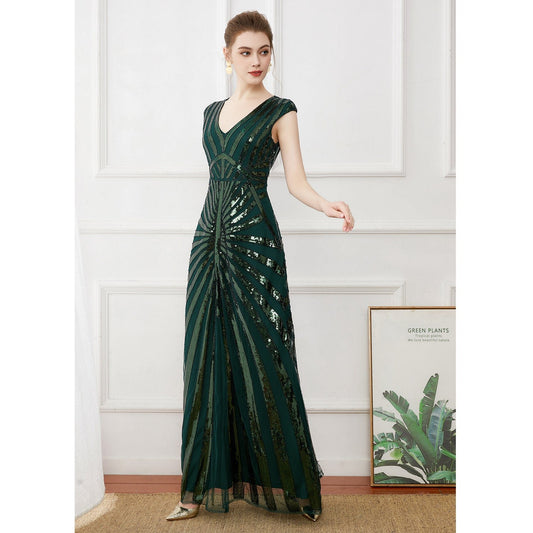 Vintage banquet dark green long sequined evening dress plus size bridesmaid wedding dress deep V elegant dress long dress