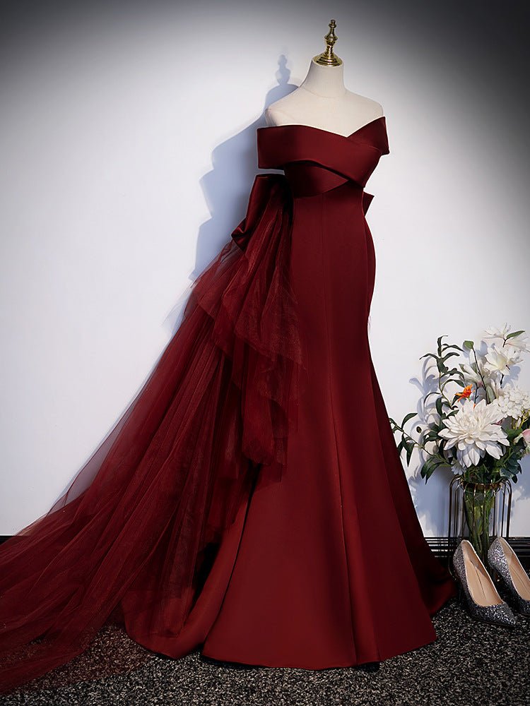 Toast Clothes Burgundy Fishtail 2024 New Vocal Art Test Evening Dress Women's Annual Meeting Host One-word Shoulder Light Wedding Dress